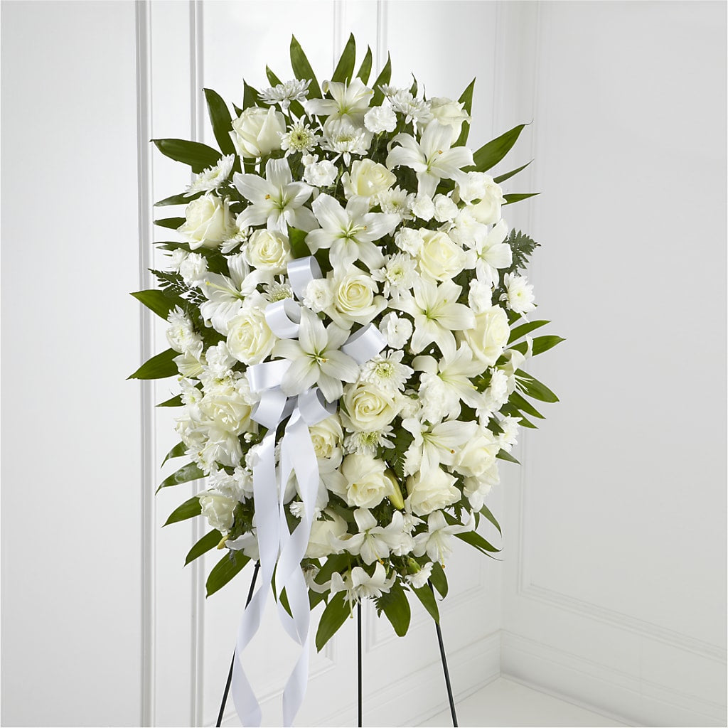 Exquisite Tribute Standing Spray-White Ribbon – Watsons Florist, Sullivan MO