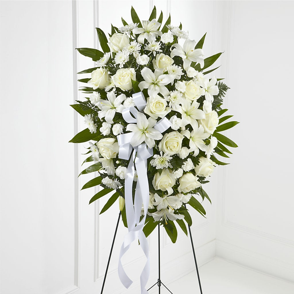 Exquisite Tribute Standing Spray-White Ribbon – Watsons Florist, Sullivan MO